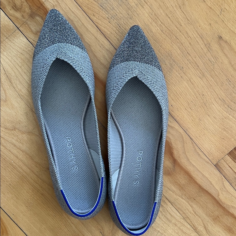 Rothy's Silver Gray Pointed-Knit Ballet Flats with Blue Trim
